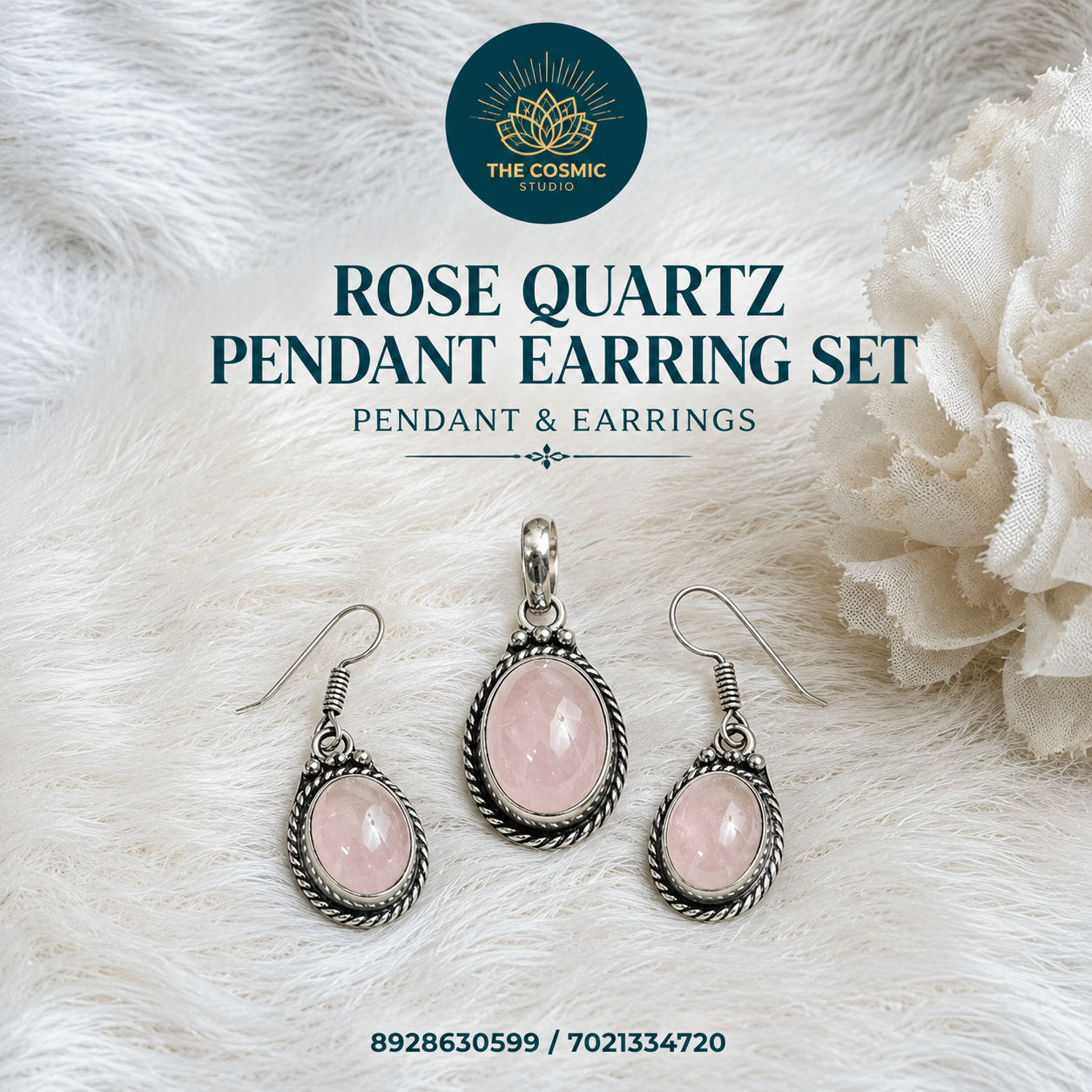 Rose Quartz Pendant Earring Set